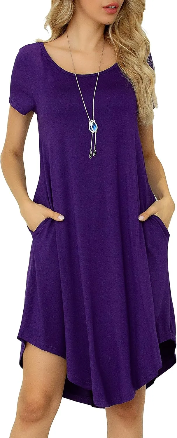Women Casual Loose Soft Crewneck Short Sleeve Pockets Swing T-Shirt Dress