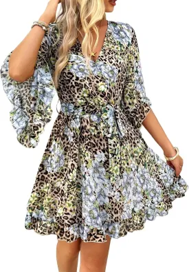 Women Casual Loose Vintage Bohemian Floral V-Neck Half Sleeve Summer Beach Swing Dress