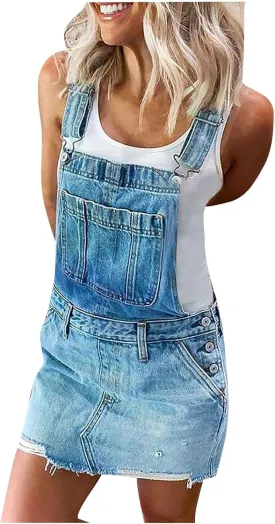 Women Denim Dress Adjustable Strap Distressed Bib Overalls Mini Dresses Summer Sleeveless Casual Dress with Pockets