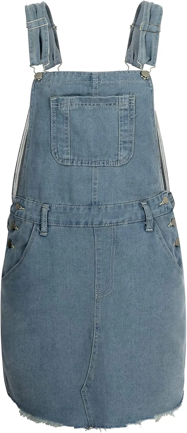 Women Denim Dress Adjustable Strap Distressed Bib Overalls Mini Dresses Summer Sleeveless Casual Dress with Pockets