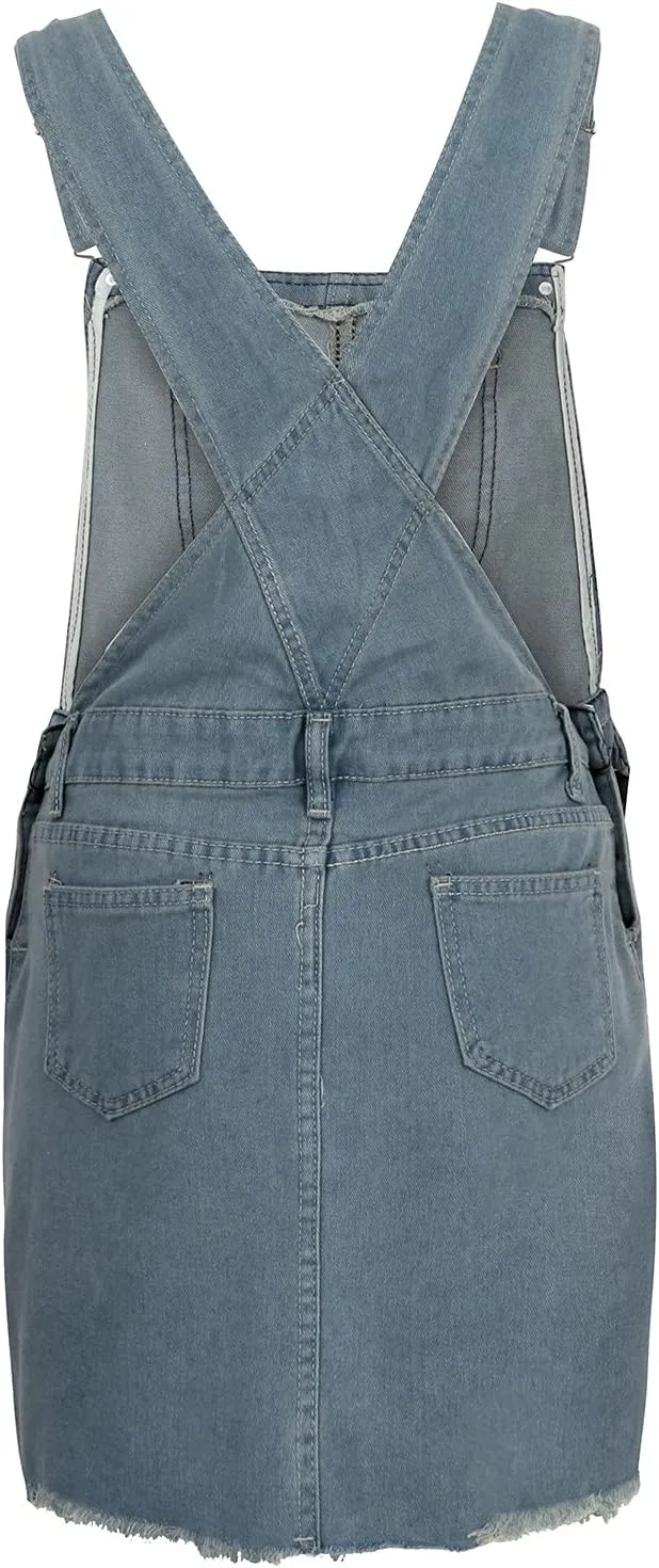 Women Denim Dress Adjustable Strap Distressed Bib Overalls Mini Dresses Summer Sleeveless Casual Dress with Pockets