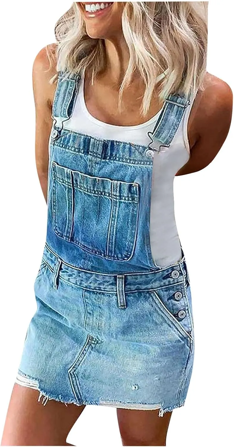 Women Denim Dress Adjustable Strap Distressed Bib Overalls Mini Dresses Summer Sleeveless Casual Dress with Pockets