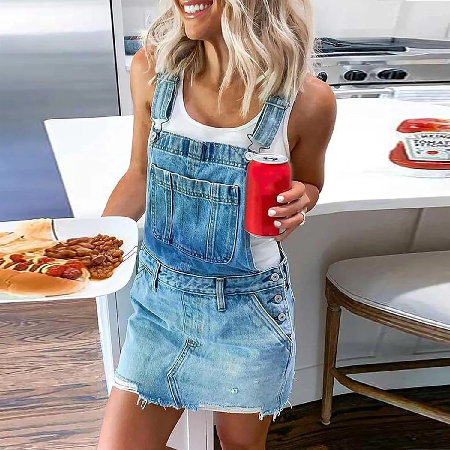 Women Denim Dress Adjustable Strap Distressed Bib Overalls Mini Dresses Summer Sleeveless Casual Dress with Pockets