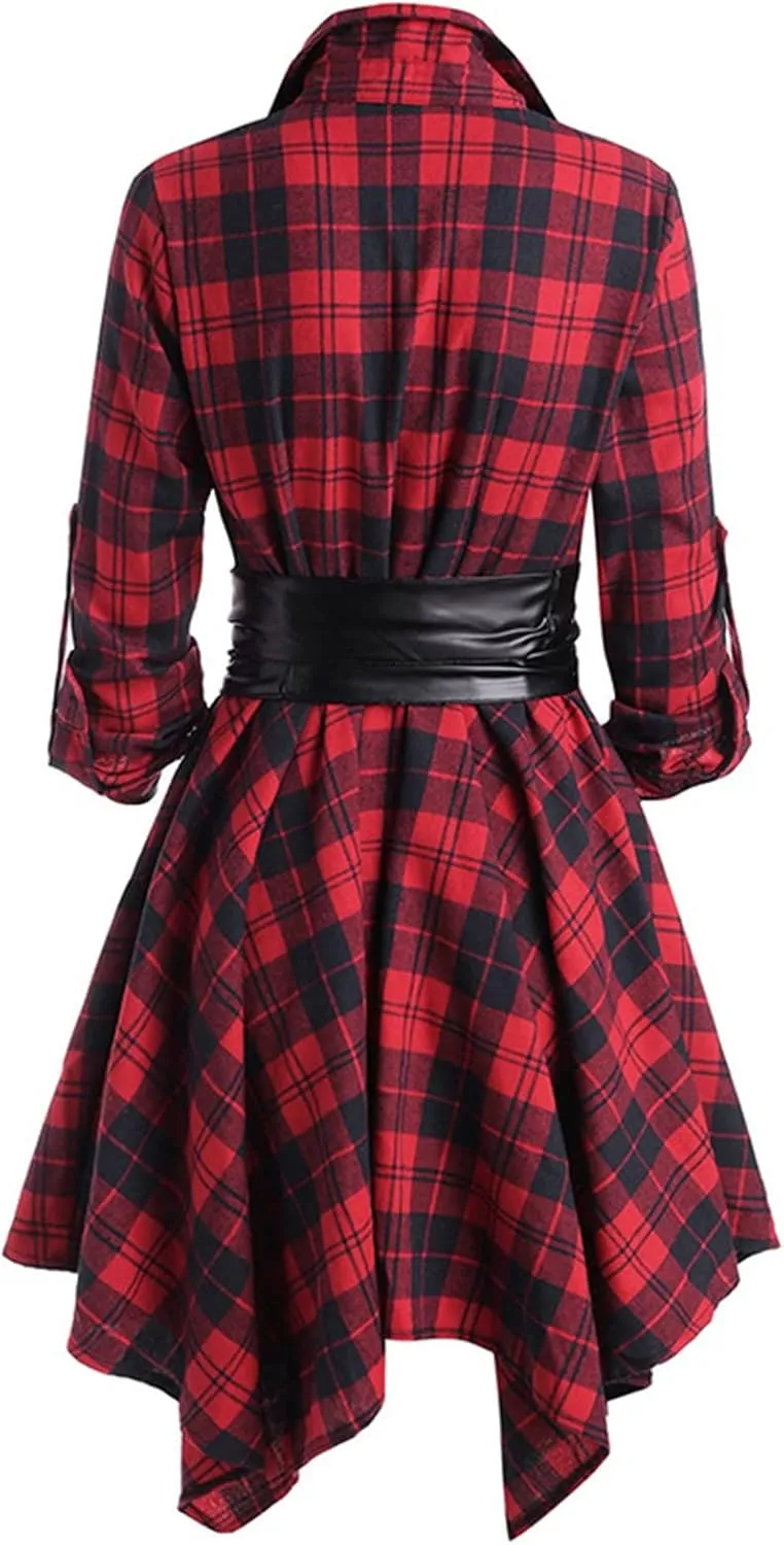 Women Plaid Shirt Dress with PU Waist Belt A-Line High Low Tunic Dresses Elegant Vintage Button Down Dress S-XXL