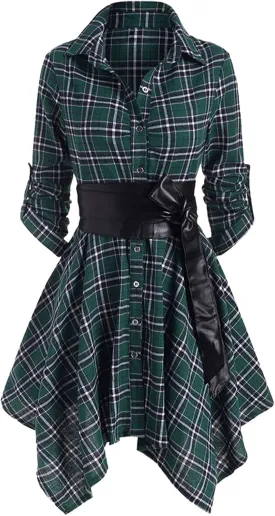 Women Plaid Shirt Dress with PU Waist Belt A-Line High Low Tunic Dresses Elegant Vintage Button Down Dress S-XXL