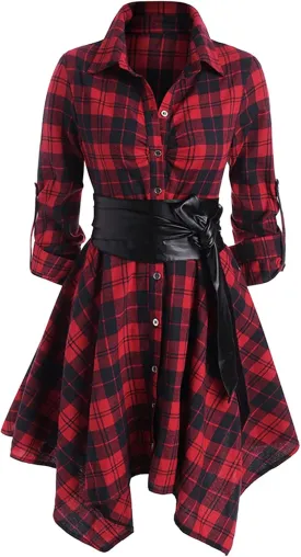 Women Plaid Shirt Dress with PU Waist Belt A-Line High Low Tunic Dresses Elegant Vintage Button Down Dress S-XXL