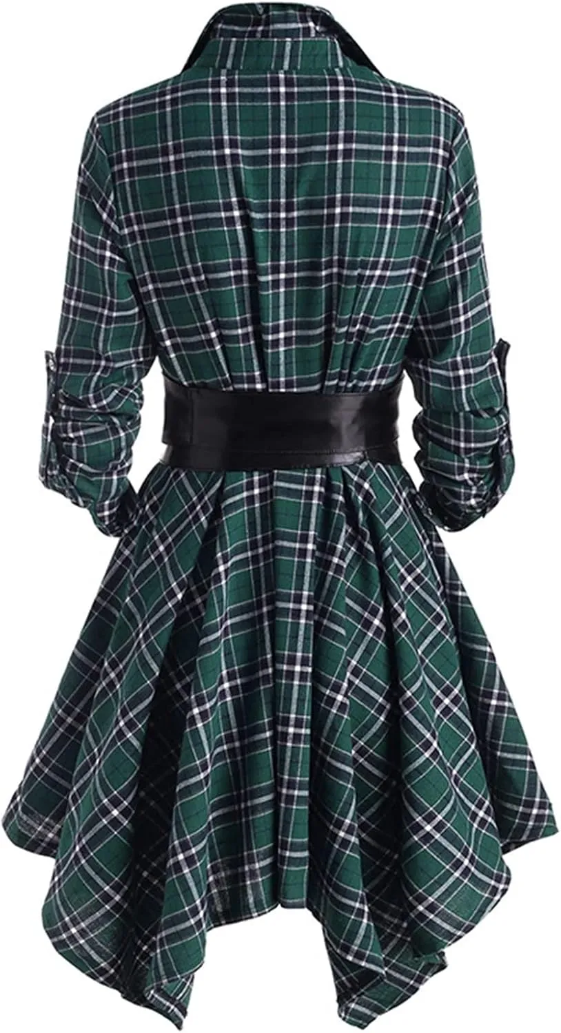 Women Plaid Shirt Dress with PU Waist Belt A-Line High Low Tunic Dresses Elegant Vintage Button Down Dress S-XXL