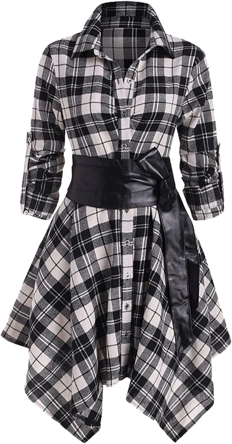 Women Plaid Shirt Dress with PU Waist Belt A-Line High Low Tunic Dresses Elegant Vintage Button Down Dress S-XXL