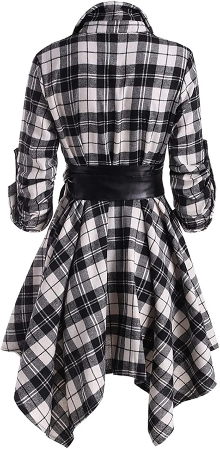 Women Plaid Shirt Dress with PU Waist Belt A-Line High Low Tunic Dresses Elegant Vintage Button Down Dress S-XXL