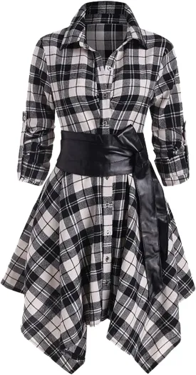 Women Plaid Shirt Dress with PU Waist Belt A-Line High Low Tunic Dresses Elegant Vintage Button Down Dress S-XXL