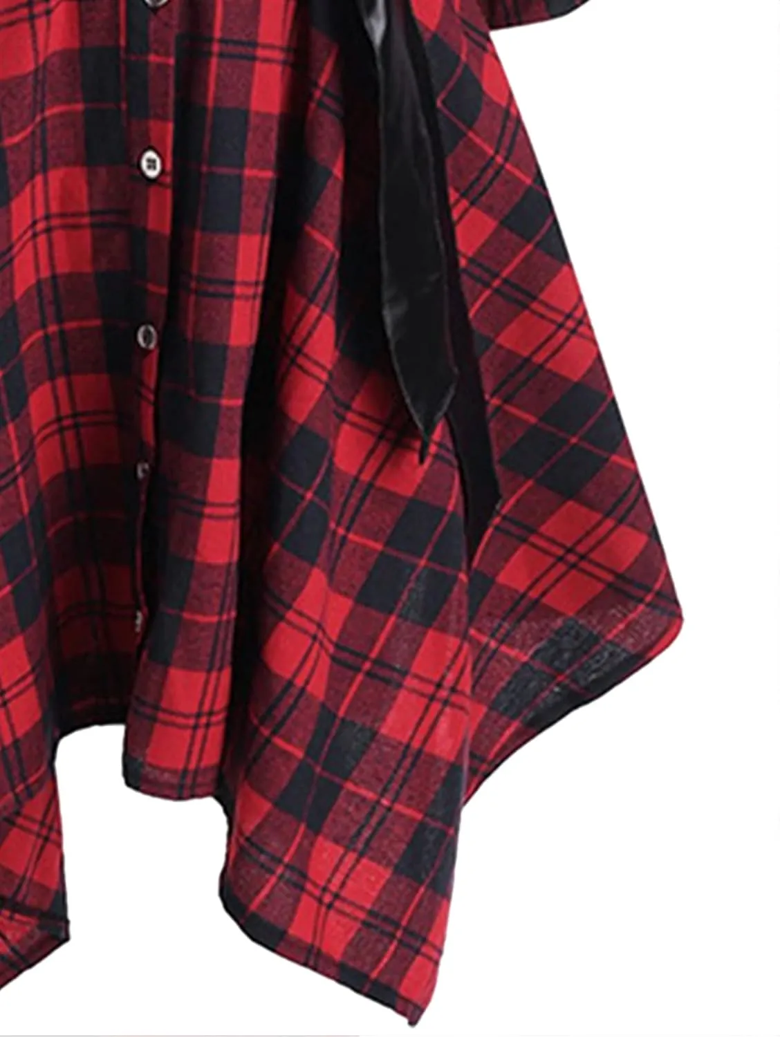 Women Plaid Shirt Dress with PU Waist Belt A-Line High Low Tunic Dresses Elegant Vintage Button Down Dress S-XXL