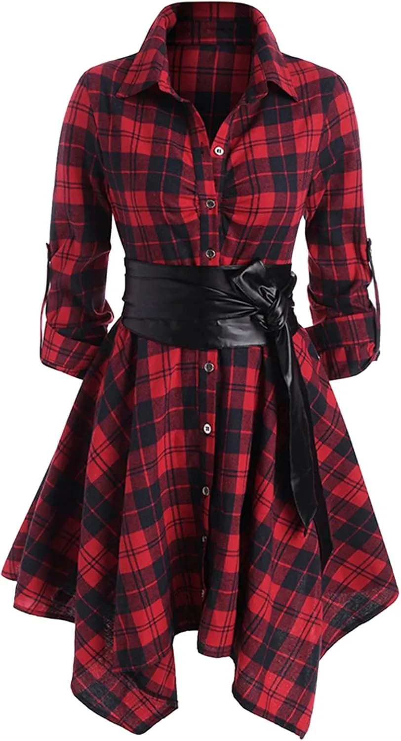 Women Plaid Shirt Dress with PU Waist Belt A-Line High Low Tunic Dresses Elegant Vintage Button Down Dress S-XXL