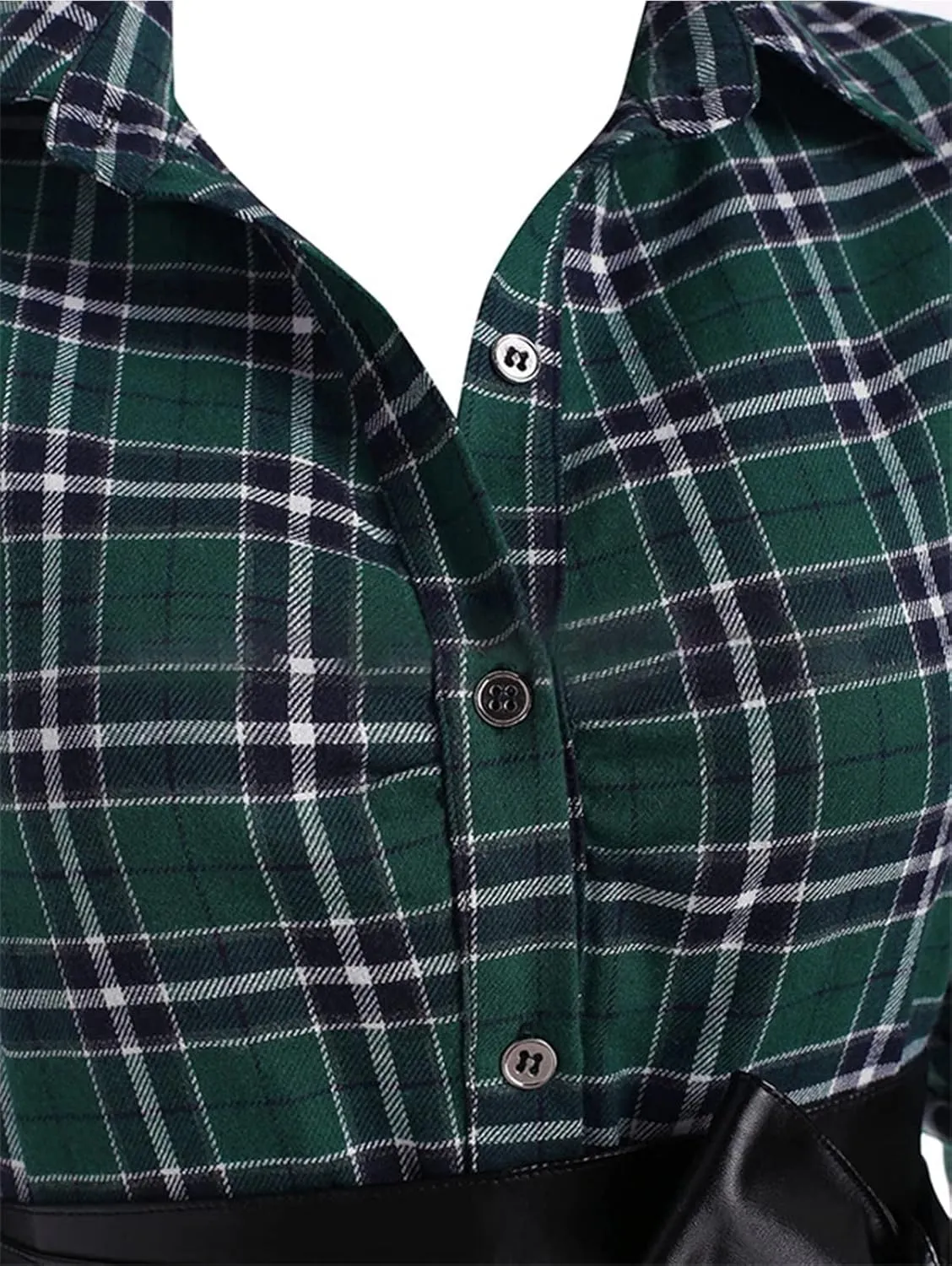 Women Plaid Shirt Dress with PU Waist Belt A-Line High Low Tunic Dresses Elegant Vintage Button Down Dress S-XXL