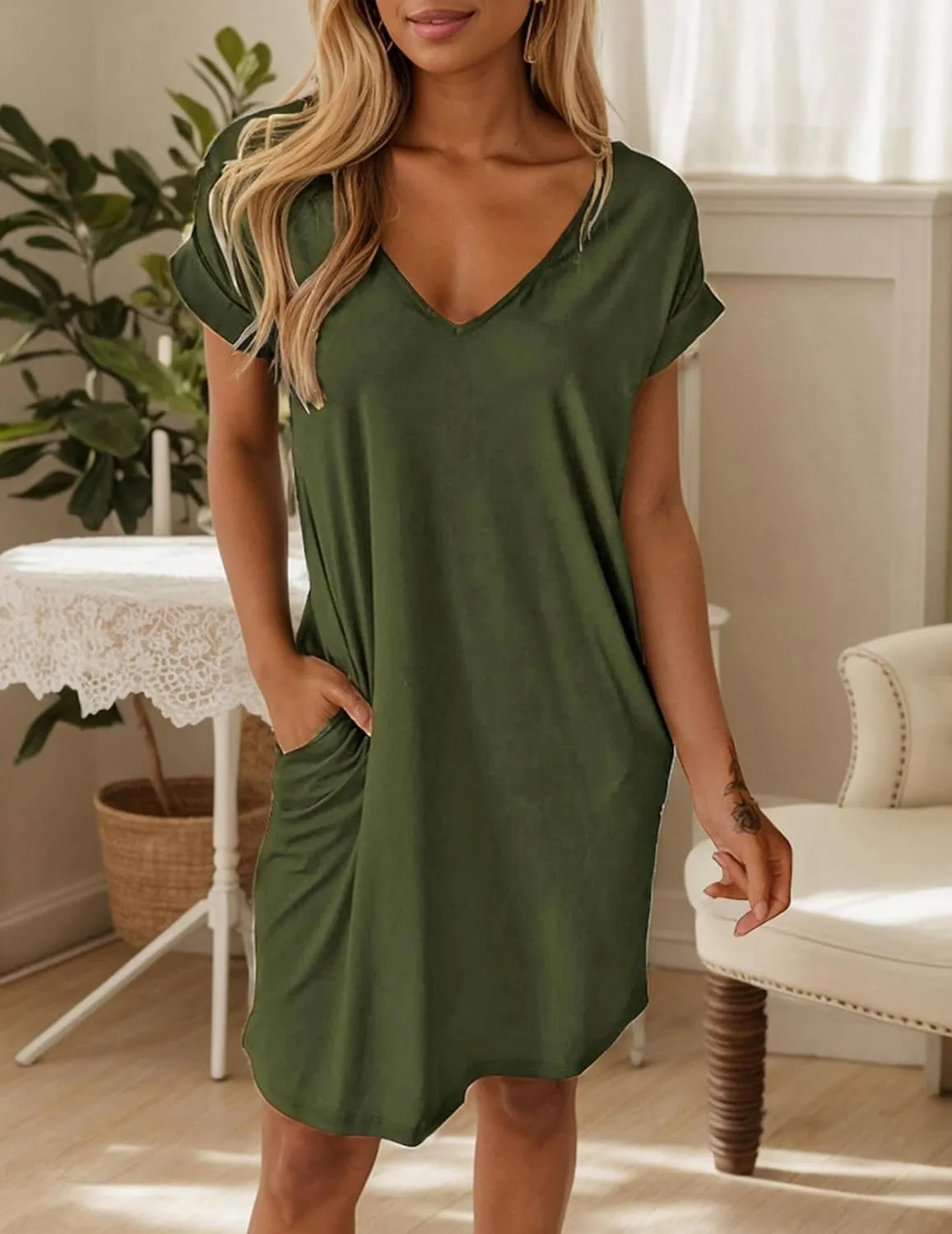 Women Shirt Dress Casual Loose Swing Dress V-Neck Short Sleeve Tunic Dress with Pockets