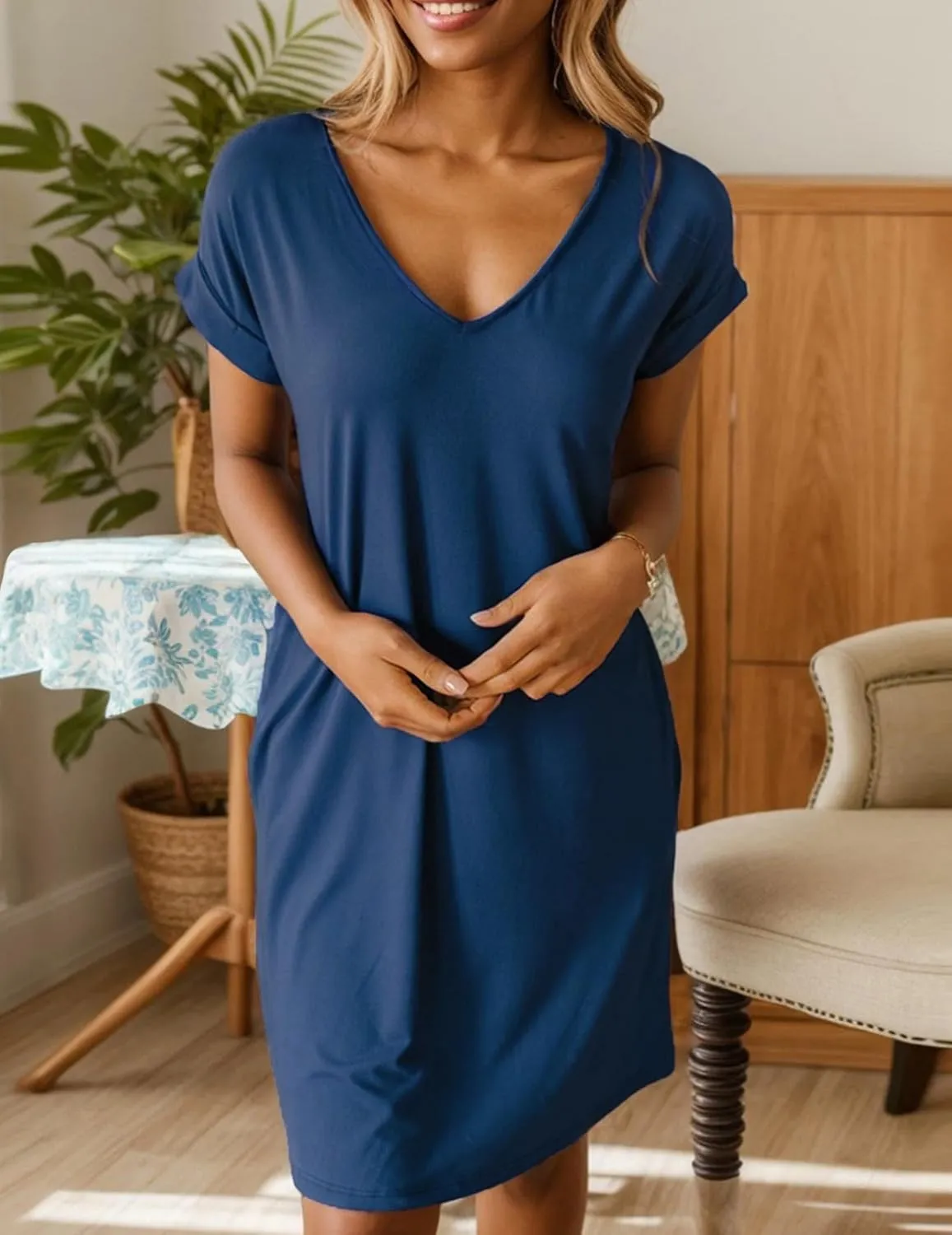 Women Shirt Dress Casual Loose Swing Dress V-Neck Short Sleeve Tunic Dress with Pockets