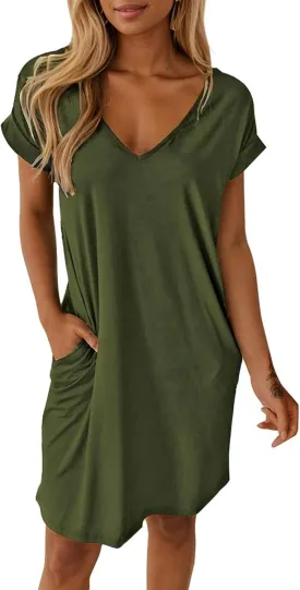 Women Shirt Dress Casual Loose Swing Dress V-Neck Short Sleeve Tunic Dress with Pockets