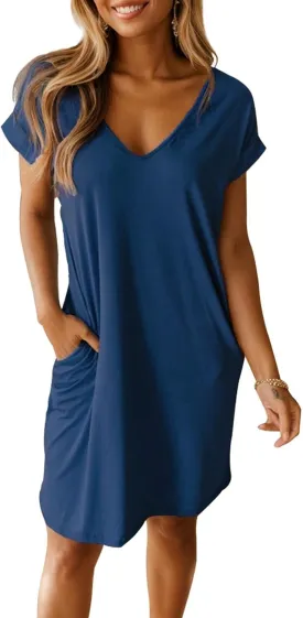 Women Shirt Dress Casual Loose Swing Dress V-Neck Short Sleeve Tunic Dress with Pockets