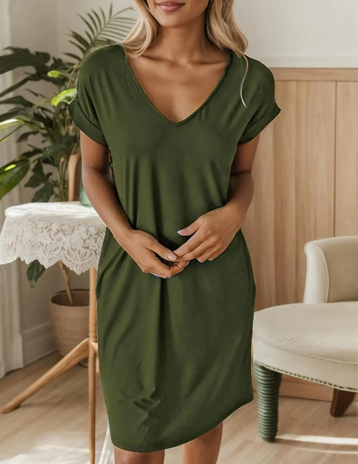 Women Shirt Dress Casual Loose Swing Dress V-Neck Short Sleeve Tunic Dress with Pockets