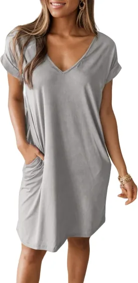 Women Shirt Dress Casual Loose Swing Dress V-Neck Short Sleeve Tunic Dress with Pockets
