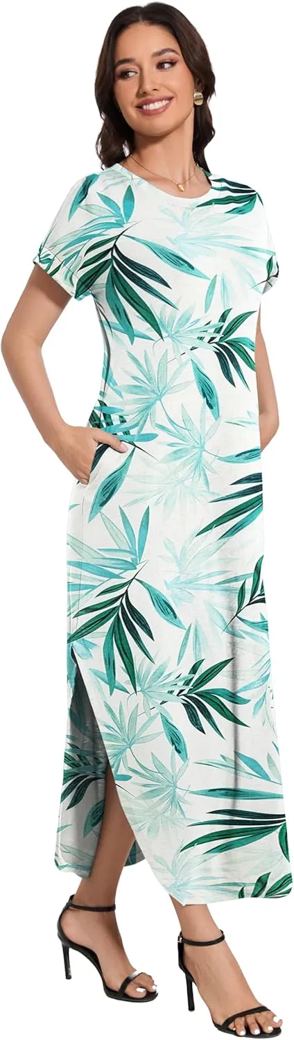 Women Summer Long Sundress Crewneck Short Sleeve Maxi Dress 2025 Casual Loose Beach Dress with Pockets