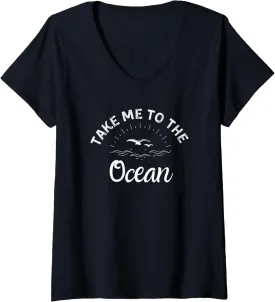 Womens Beach Waves Take Me to the Ocean V-Neck T-Shirt