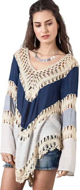 Womens Boho V Neck Crochet Tunic Tops Blouse Shirt Hollow Out Beach Swimsuit Cover up