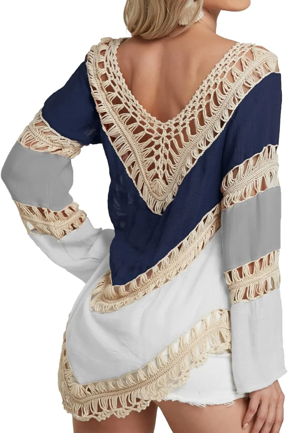 Womens Boho V Neck Crochet Tunic Tops Blouse Shirt Hollow Out Beach Swimsuit Cover up