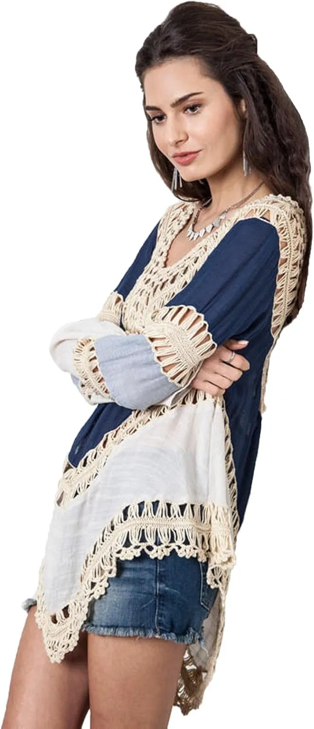 Womens Boho V Neck Crochet Tunic Tops Blouse Shirt Hollow Out Beach Swimsuit Cover up
