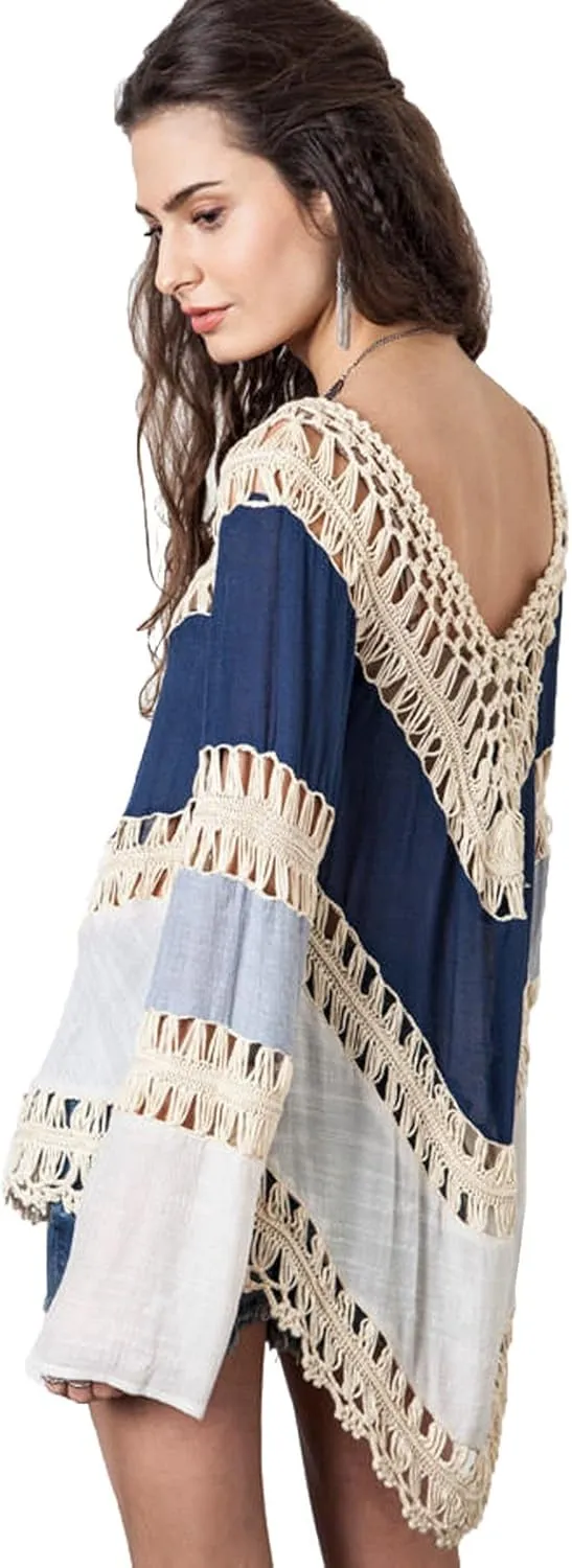 Womens Boho V Neck Crochet Tunic Tops Blouse Shirt Hollow Out Beach Swimsuit Cover up