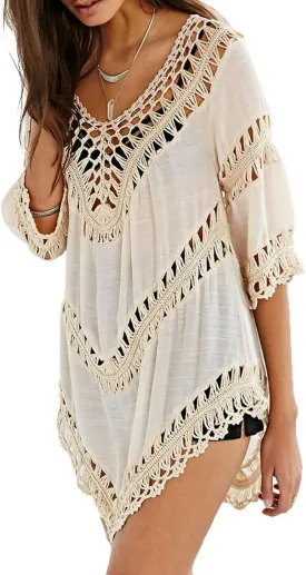 Womens Boho V Neck Crochet Tunic Tops Blouse Shirt Hollow Out Beach Swimsuit Cover up