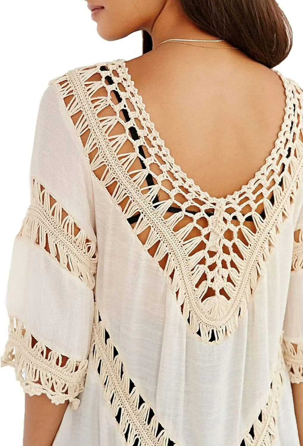 Womens Boho V Neck Crochet Tunic Tops Blouse Shirt Hollow Out Beach Swimsuit Cover up