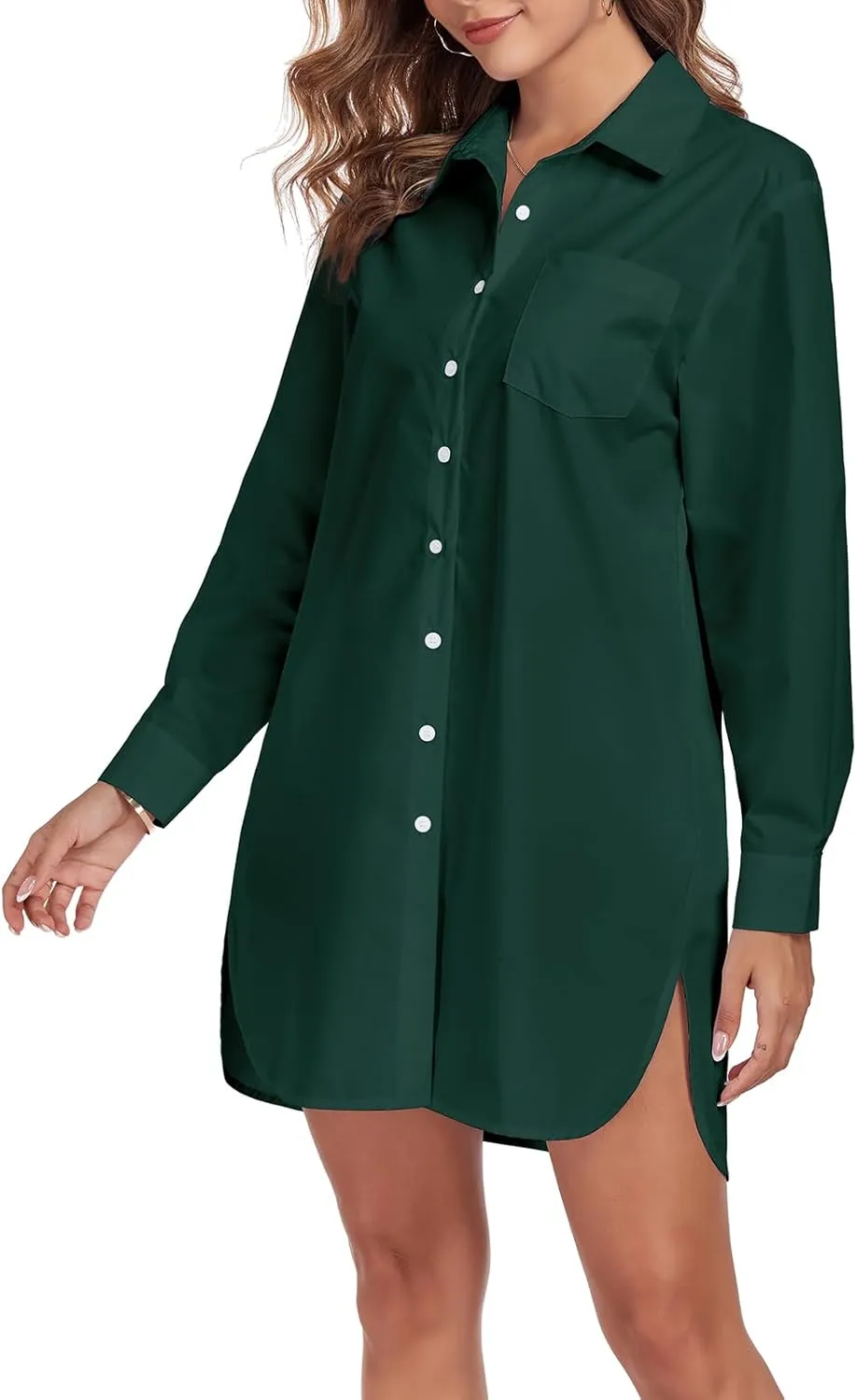 Women's Button Down Shirt Dress with Pockets Oversize Collared Long Sleeve High Low Tunic Dresses Blouse