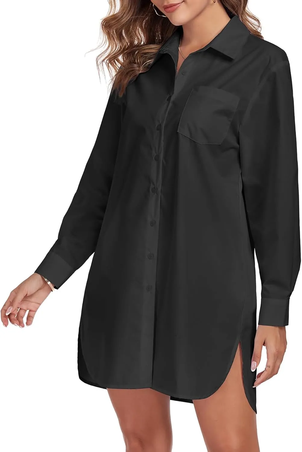 Women's Button Down Shirt Dress with Pockets Oversize Collared Long Sleeve High Low Tunic Dresses Blouse