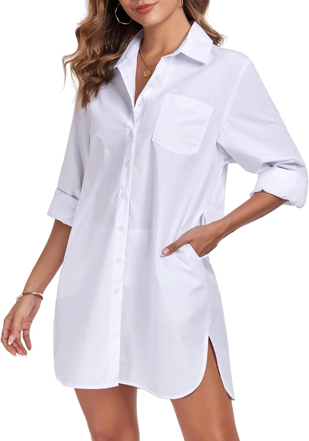 Women's Button Down Shirt Dress with Pockets Oversize Collared Long Sleeve High Low Tunic Dresses Blouse