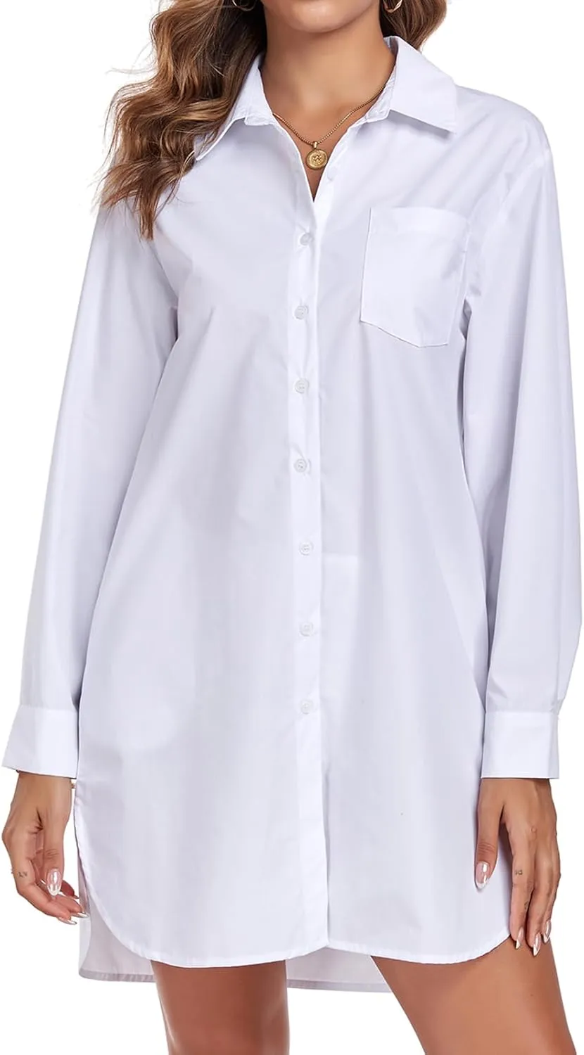 Women's Button Down Shirt Dress with Pockets Oversize Collared Long Sleeve High Low Tunic Dresses Blouse