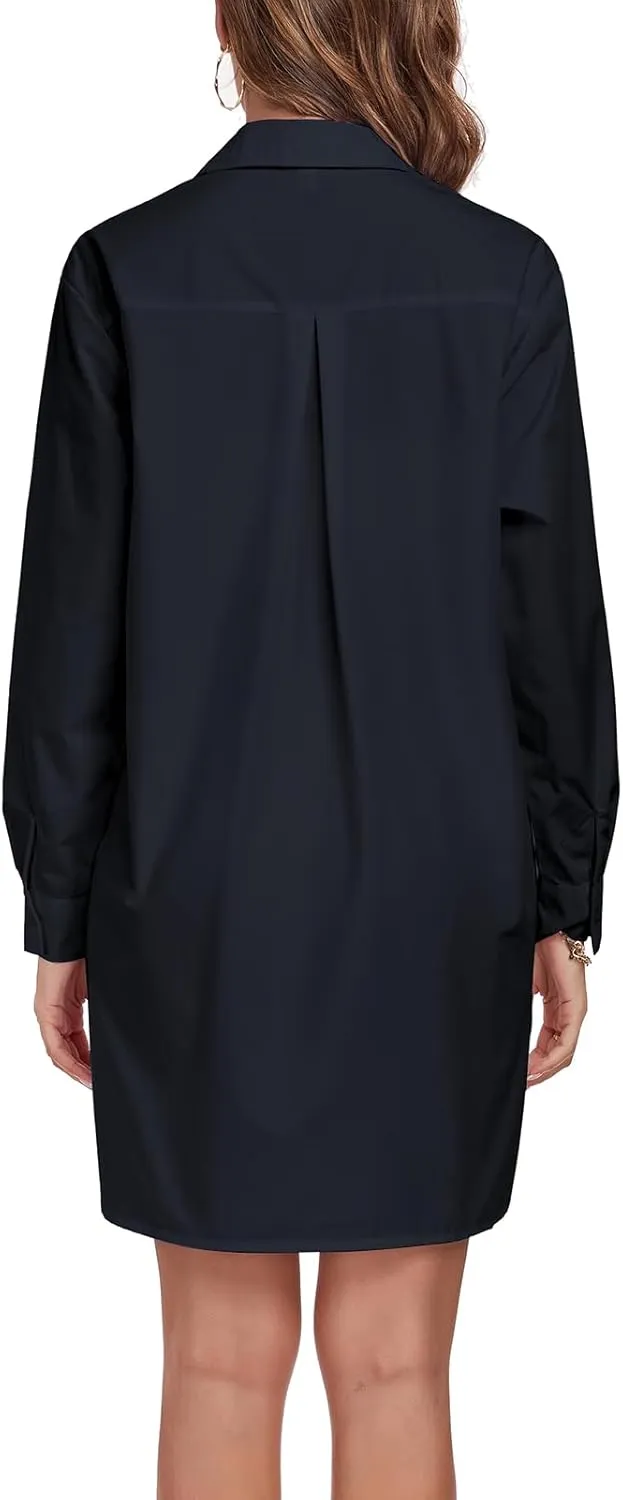 Women's Button Down Shirt Dress with Pockets Oversize Collared Long Sleeve High Low Tunic Dresses Blouse