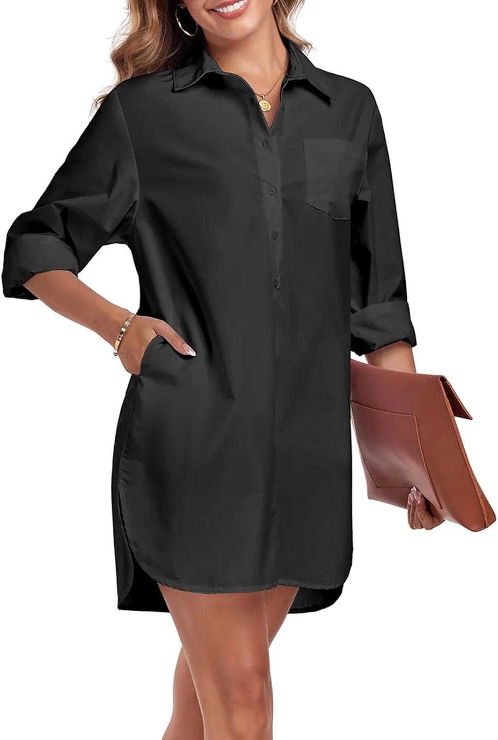Women's Button Down Shirt Dress with Pockets Oversize Collared Long Sleeve High Low Tunic Dresses Blouse