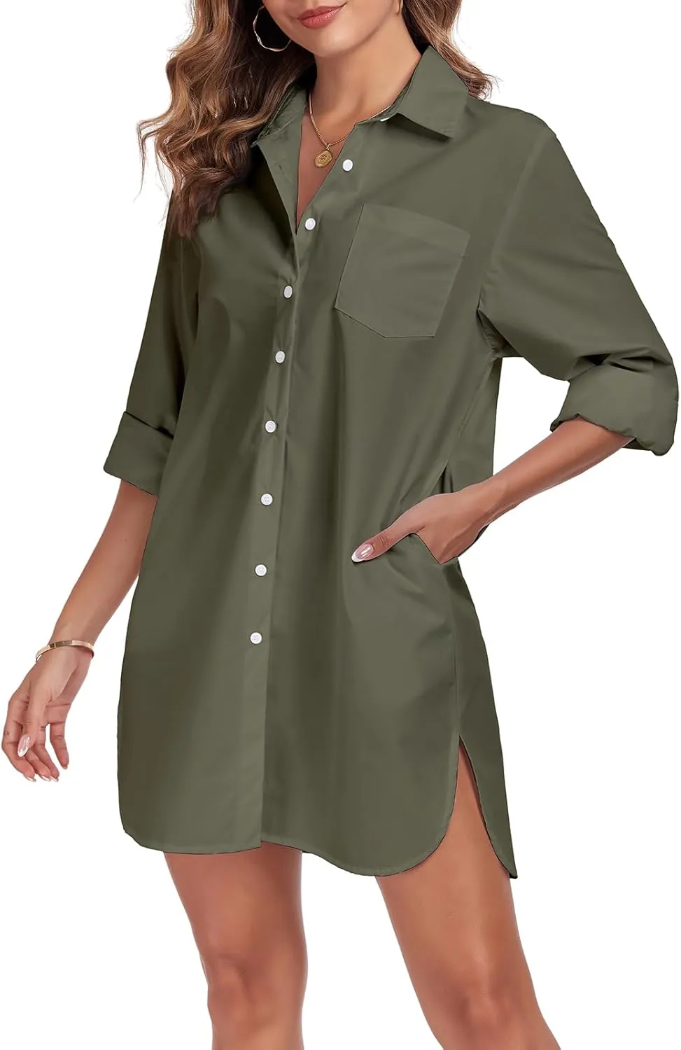 Women's Button Down Shirt Dress with Pockets Oversize Collared Long Sleeve High Low Tunic Dresses Blouse