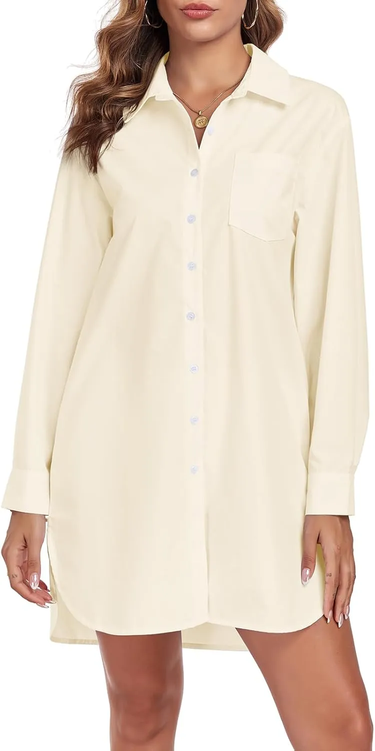 Women's Button Down Shirt Dress with Pockets Oversize Collared Long Sleeve High Low Tunic Dresses Blouse
