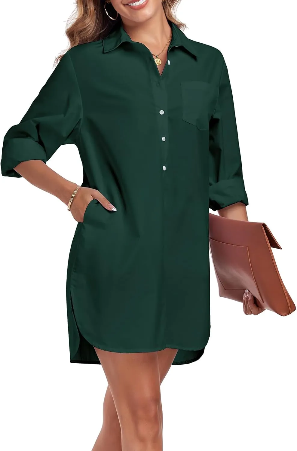 Women's Button Down Shirt Dress with Pockets Oversize Collared Long Sleeve High Low Tunic Dresses Blouse