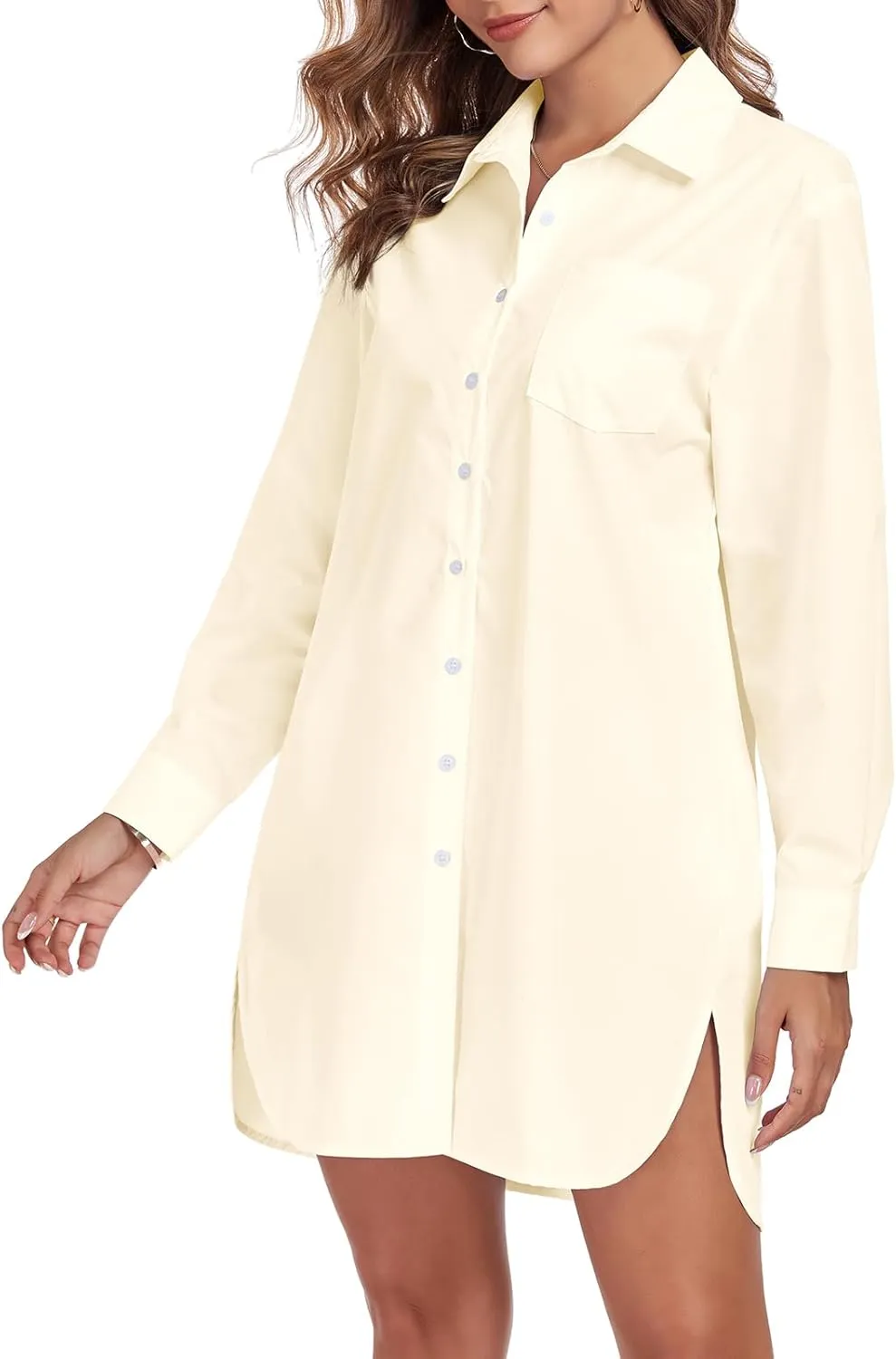 Women's Button Down Shirt Dress with Pockets Oversize Collared Long Sleeve High Low Tunic Dresses Blouse