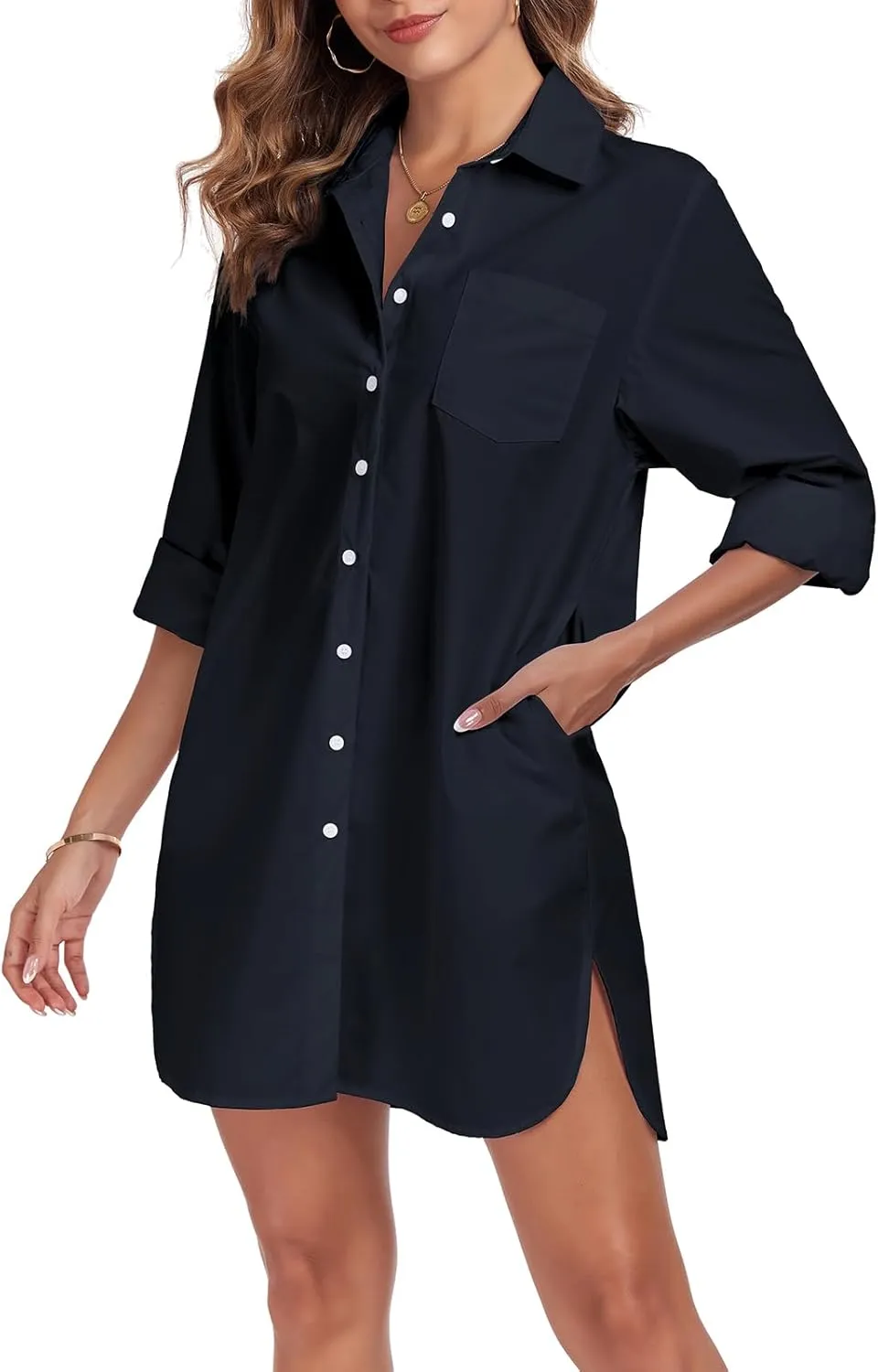 Women's Button Down Shirt Dress with Pockets Oversize Collared Long Sleeve High Low Tunic Dresses Blouse
