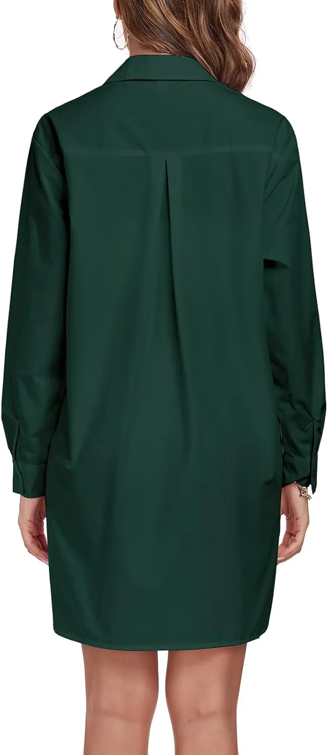 Women's Button Down Shirt Dress with Pockets Oversize Collared Long Sleeve High Low Tunic Dresses Blouse