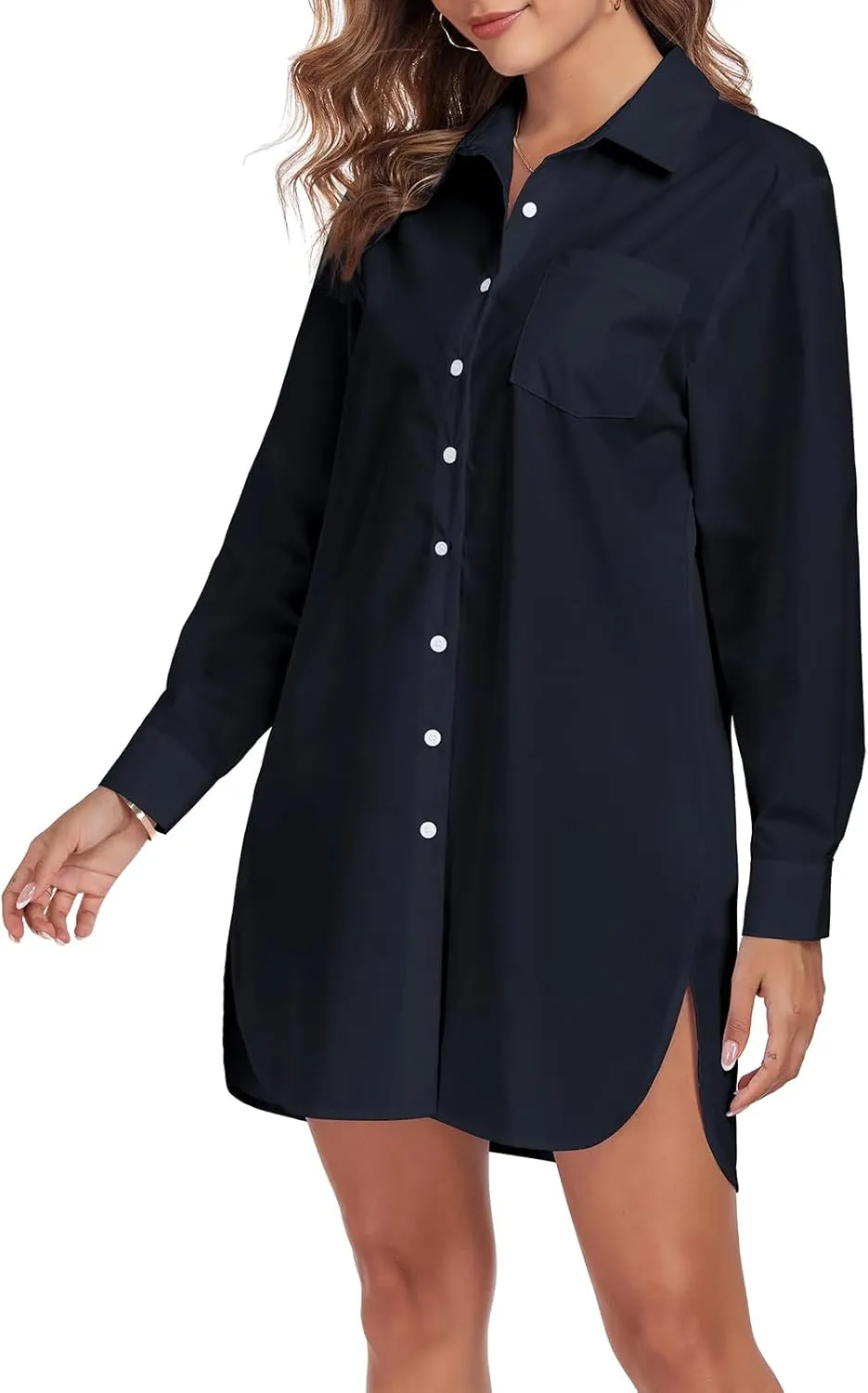 Women's Button Down Shirt Dress with Pockets Oversize Collared Long Sleeve High Low Tunic Dresses Blouse