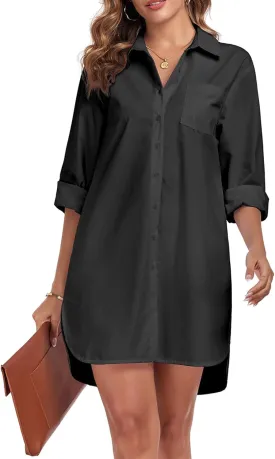 Women's Button Down Shirt Dress with Pockets Oversize Collared Long Sleeve High Low Tunic Dresses Blouse