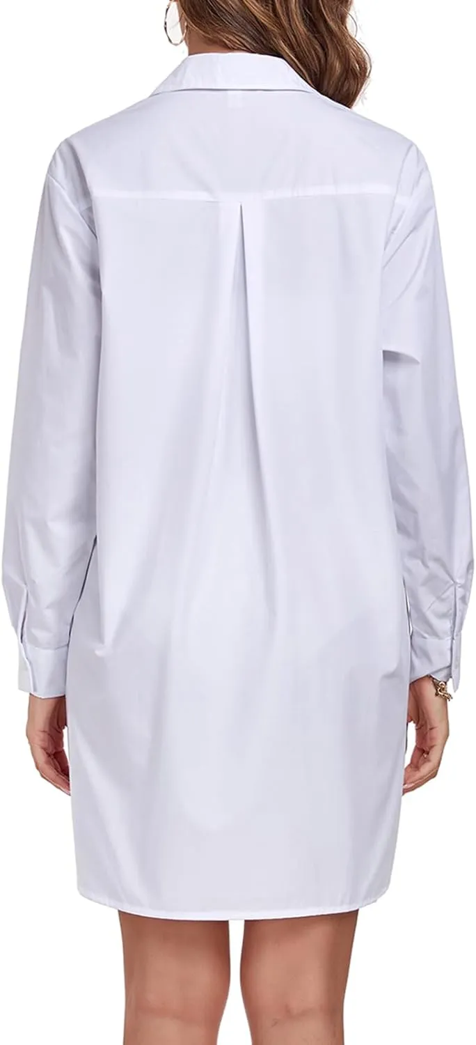 Women's Button Down Shirt Dress with Pockets Oversize Collared Long Sleeve High Low Tunic Dresses Blouse