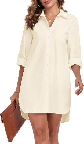 Women's Button Down Shirt Dress with Pockets Oversize Collared Long Sleeve High Low Tunic Dresses Blouse
