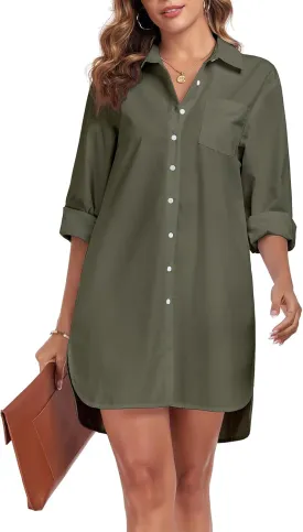 Women's Button Down Shirt Dress with Pockets Oversize Collared Long Sleeve High Low Tunic Dresses Blouse