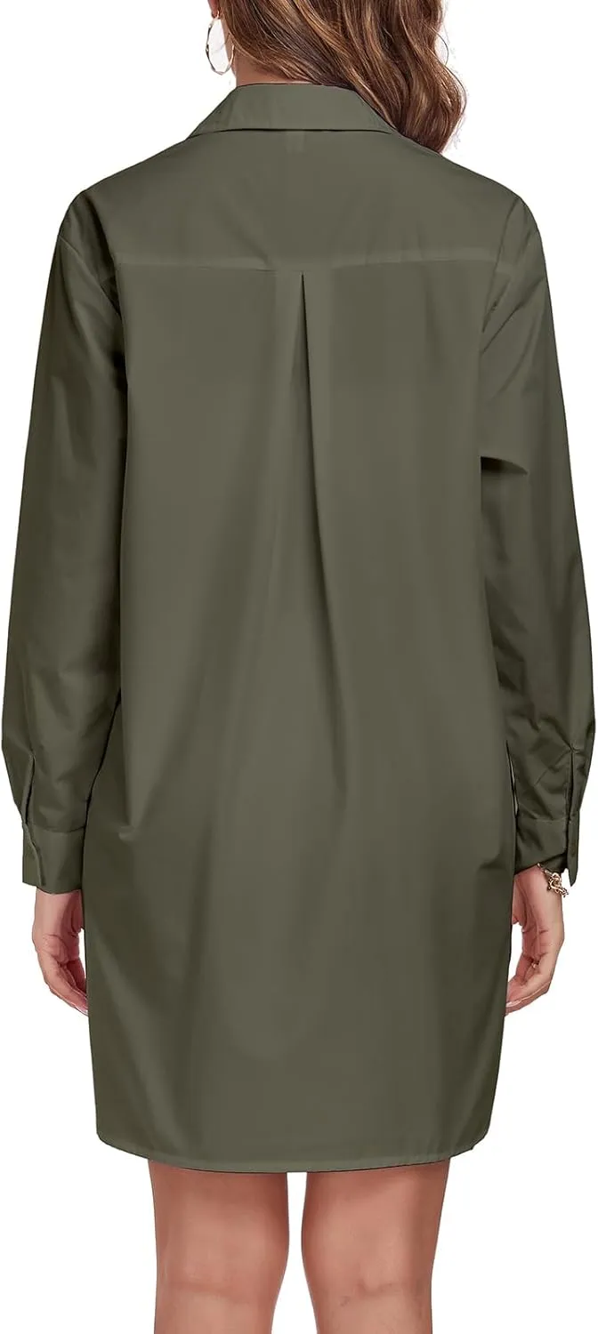 Women's Button Down Shirt Dress with Pockets Oversize Collared Long Sleeve High Low Tunic Dresses Blouse