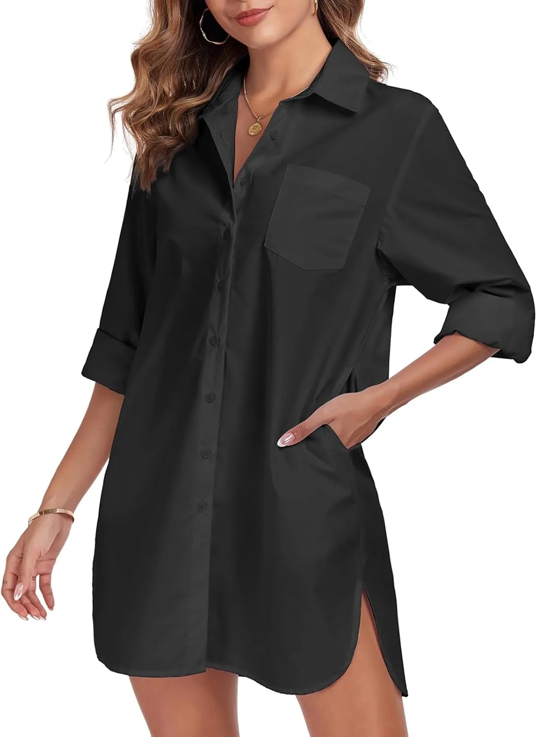 Women's Button Down Shirt Dress with Pockets Oversize Collared Long Sleeve High Low Tunic Dresses Blouse